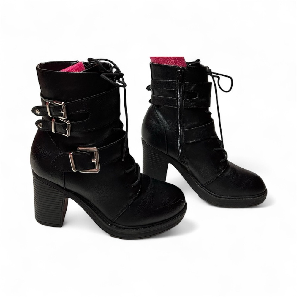 Rocky Tall Black Lace/Zip Up Boots with Buckle Detail Motorcycle Ankle Boots 7.5